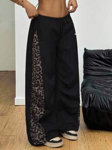 SHEIN PETITE Quần ống rộng dáng suông họa tiết da báo phối nhiều mảnh dành cho nữ, kiểu dáng thường ngày. - màu đen - Xem 8