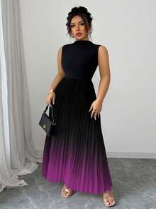 Elenzga Sleeveless High Neck Pleated Gradient Floral Print Plus Size Dress - Violet Purple - View 6