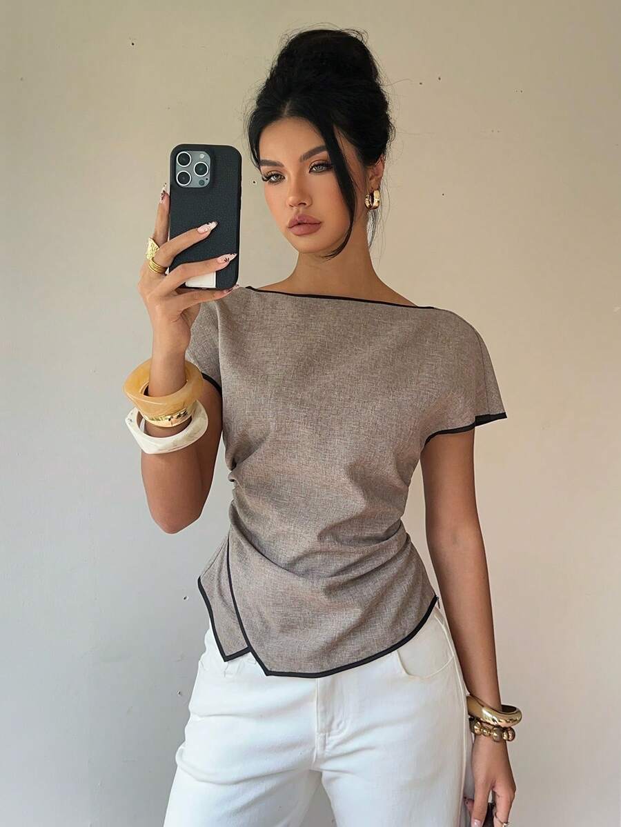 Siren Gaze Women's New Fashion Commuter Style Waist Ruched Asymmetric Hem Short Sleeve Pullover Blouse, Elegant Ladies Shirt Ruched Waist Top,Summer Top