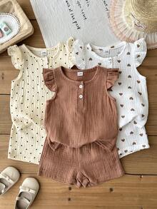 SHEIN 女婴6件套/3套。3个月-3岁夏季休闲简约风外出服，爱心印花和波点印花上衣和短裤。 - 彩色 - 查看 4