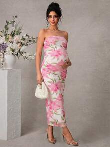 SHEIN Đầm bầu maxi in họa tiết có xẻ tà, thanh lịch - Hồng - Xem 6