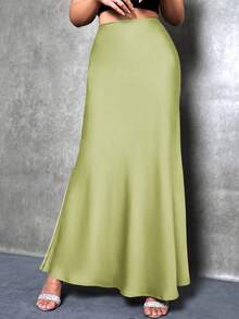 SHEIN Tall Falda de sirena de unicolor para mujer, falda de satén, falda larga elegante, adecuada para fiestas, uso diario, falda negra - Verde Oliva - Ver 4