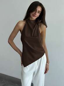 Aloruh Women's Solid Color Ruched Asymmetric Hem Halter Neck Top,Summer Top - Coffee Brown - View 3