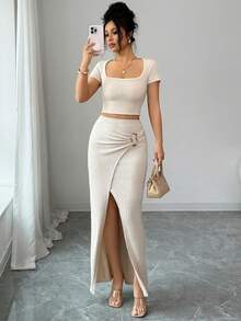 Airaco 女士褶裥收腰开衩裙，金属开衩优雅性感针织裙，适合度假、海滩、通勤，收腰性感优雅长裙 - 杏色 - 查看 6