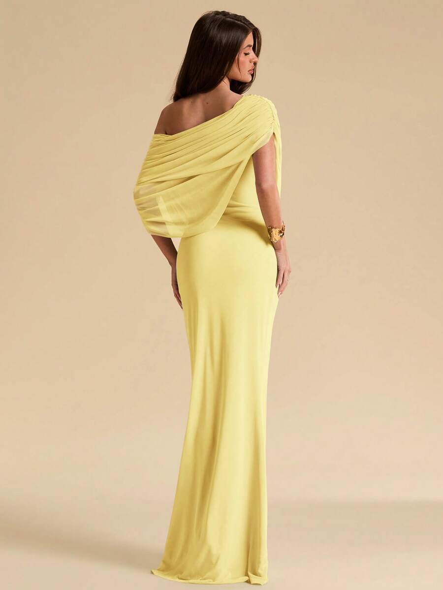 SHEIN BAE Đầm xanh bạc hà trễ vai xếp ly ôm sát thanh lịch, đầm ôm sát thanh lịch, đầm xòe thướt tha - Màu vàng - Xem 1