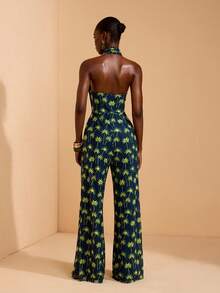 JIAN LASALA Bộ jumpsuit nữ phong cách boho không tay, cổ yếm, ống rộng, in họa tiết toàn thân, chất liệu lưới. - Nhiều màu - Xem 2