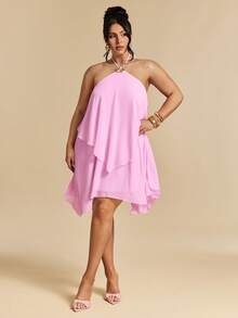 SHEIN BAE Plus Size Women's Summer Elegant Boho Western Wedding Cocktail Vacation Guest Lilac Halter Neck Metal Buckle Decor Double Layer Ruffle Mini Dress - Pink - View 4