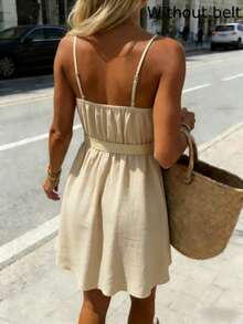 Pariaura Women's Elegant Solid Color Ruffle Strap Mini Dress, Summer - Apricot - View 2