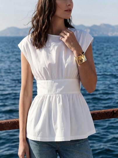 Briarwyn Summer Women's Cotton Solid Color Hooded Sleeve Spring/Summer Casual Pullover Shirt, With Waist Tie Design,Summer Outfits ,Vacation Outfits Women,White Blouse Tie Back Top Open Back Tops For Women Bow Tops For Women Cotton Top Backless Shirts Tie Back Tops Open Back Shirts Peplum Blouses For Women Sinched Waist Tops Blouse For Women Casual Modern Summer Tops For Women Elegant Modern Tops For Women