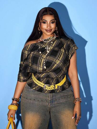 Maweii Plus Size Retro Hong Kong Style Sexy Niche Design Fitted Short Black & Gold Plaid Asymmetric Neck Ruffle Blouse