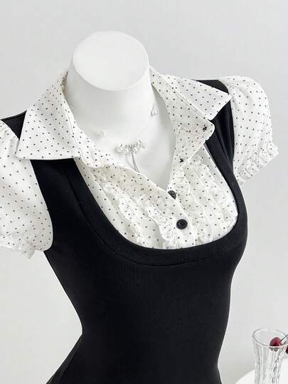 Elamini Camisa de mujer con diseño de lunares, parches y encaje con contraste de color en la cintura, blusa de manga corta para mujer, parte superior de verano para mujer
