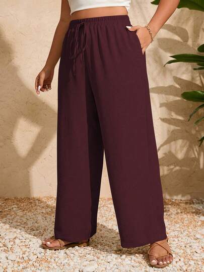 SHEIN Clasi Plus Size Women's Solid Color Waist Tie Pocket Wide Leg Pants Fall