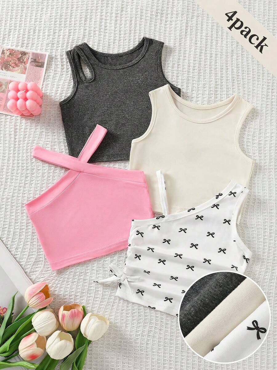 SHEIN Playful Pals 4件套女婴彩色多巴胺纯色吊带背心，夏季 - 彩色 - 查看 1