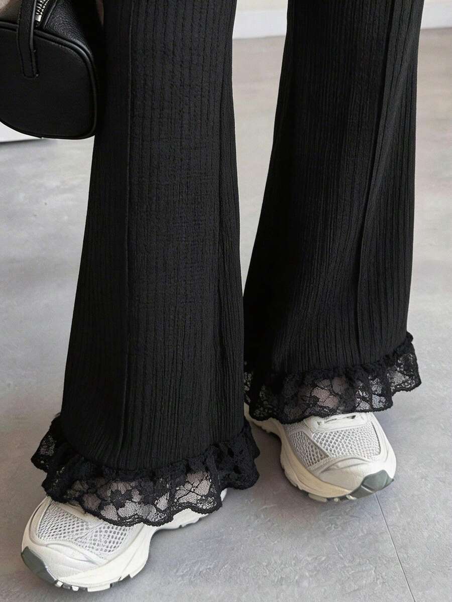 FRIFUL 女士蕾丝边休闲百搭日常喇叭裤 - 黑色 - 查看 1