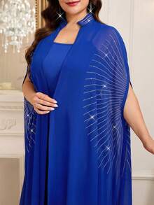 SHEIN Clasi Plus Size Rhinestone Embellished Robe & Dress 2 Pieces Set - Royal Blue - View 8