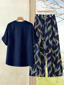 Rusticease Plus Size Women 2 Pieces Set: Solid Color Roll-Up Sleeve Shirt And All-Over Print Wide Leg Pants Fall - Navy Blue - View 2