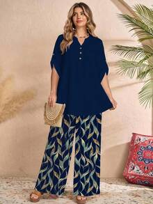 Rusticease Plus Size Women 2 Pieces Set: Solid Color Roll-Up Sleeve Shirt And All-Over Print Wide Leg Pants Fall - Navy Blue - View 8
