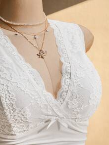 Hourglow Plus Size V-Neck Lace Patchwork Waist Ruched Fitted Camisole, Sexy Sleeveless Top For Spring/Summer, Wedding Guest Outfit Casual White - White - View 7