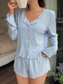 Napfluff 3 PiecesSolid Color Knit Jacquard Camisole Shorts & Cardigan Pajama Set, Suitable For Outerwear - Baby Blue - View 1