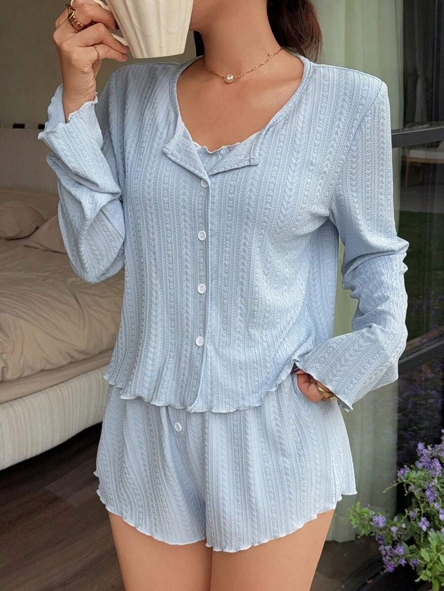 Napfluff 3 PiecesSolid Color Knit Jacquard Camisole Shorts & Cardigan Pajama Set, Suitable For Outerwear - Baby Blue - View 1