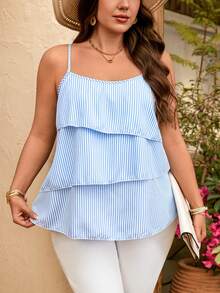Breezaya Plus Size Women's Summer Blue And White Striped Ruffled Layered Camisole,Boho Vacation Holiday Beach Resort Style Sweet Youthful Casual Travel Top - Blue - View 5