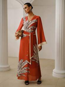 ZEYLAH Women's Brown Sequin Robe Dress With Sash Party Vacation Autumn Sexy - Red - View 5