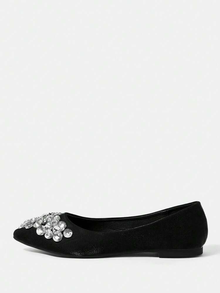 CUCCOO HITCHD Pointed Toe Non-Slip Soft Bottom Low Vamp Handmade Glass Beaded Versatile Commuting Elegant Fairy Style Flat Shoes, Black