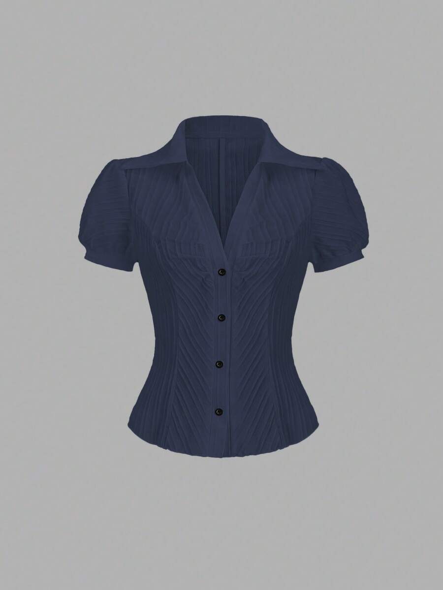 Sweetra Women's Elegant V-Neck Single-Breasted White Striped Short Sleeve Blouse, Spring/Summer - Navy Blue - View 1