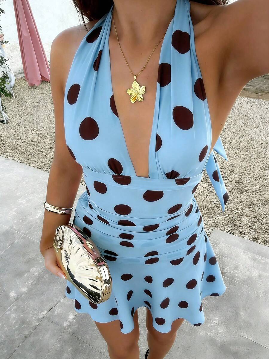 女士夏季性感沙滩度假波点印花露背系带褶皱腰身迷你连衣裙 - 藍色 - 查看 1