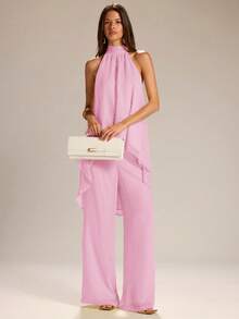 SHEIN BAE Bộ đồ 2 mảnh màu vàng gồm áo tank top không tay cổ yếm, chất liệu xuyên thấu, kiểu dáng bất đối xứng và quần ống rộng bằng vải lanh, phong cách tối giản, thích hợp cho mùa xuân/hè. - Màu Hồng baby - Xem 7