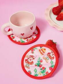 Strawberry Shortcake X SHEIN 2件套草莓印花布杯垫，隔热材质，圆形/方形，可重复使用，注意：印花图案随机。 - 粉色 - 查看 5