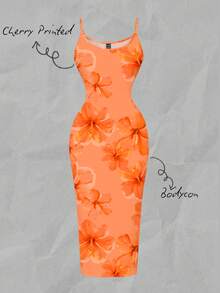SHEIN EZwear 女士碎花印花优雅收腰中长吊带连衣裙，适合夏季度假和约会 - 彩色 - 查看 2