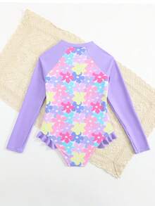 SHEIN Traje de baño de una pieza con volantes y estampado floral elegante para niñas, con cierre delantero, adecuado para playa, resort, primavera/verano/otoño - Morado - Ver 2