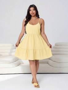Solflare Gaun Camisole Tanpa Punggung dengan Hem Berkerut Warna Polos untuk Wanita Ukuran Plus, Musim Semi/Panas - Angsa kuning - View 2