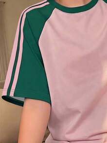 Teen Girls Casual Versatile Bow Decor Green & Pink Short Sleeve T-Shirt, Loose Lightweight Fabric, Suitable For Daily Wear, Casual Sports Or Matching, Summer Holiday - Multicolor - View 4