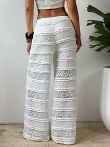 Aloruh 纯色针织蕾丝高腰直筒裤，适合波西米亚风、婚礼季、度假、浪漫场合、春夏穿着。 - 白色 - 查看 3