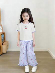 SHEIN Genkimix Kids Young Girls Cherry Print Short Sleeve T-Shirt And Plaid Pants Casual Outfit,Gingham Summer Family Matching Kids Set - Multicolor - View 3