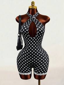 Mistrie 2026 New Summer Style Women's Black And White Polka Dot Suspender Halter Jumpsuit, Sexy Tight 2K Retro Polka Dot Print, Cute Lace Stitching Details Retro, Women's Jumpsuit Sexy Women's Jumpsuit Vacation Bohemian Sexy Solid Color Plaid Striped Casual Wear - Black - View 3