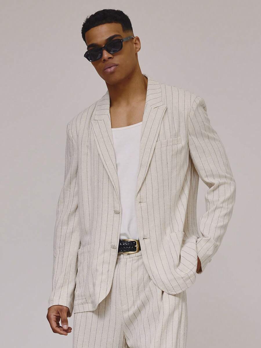 Musero Unstructured Relaxed Pinstripe Single Breasted Double Side Pocket Suit Blazer Jacket Tailoring Beachwear Spring Summer Holiday - Apricot - View 1