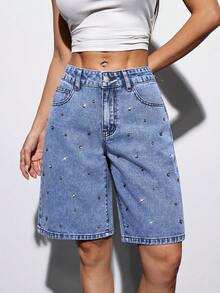 SHEIN PETITE Women's Y2K High Waist Denim Shorts, Sparkly Rhinestone Embellished Casual Summer Bermuda Streetwear Club Party Outfits Decor Pocket Loose Jorts ,Petite Women - Medium Wash - View 3