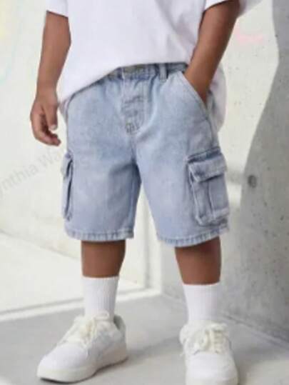 Trending Summer Young Boys' Washed Denim Utility Cargo Shorts, Elastic Waist Loose Straight Leg Design