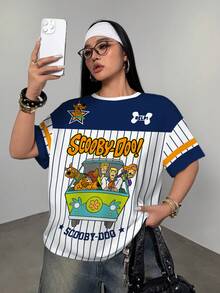 SCOOBY-DOO X SHEIN Plus Size Colorblock Striped & Cartoon Print Casual Round Neck Short Sleeve T-Shirt, Summer - White - View 1