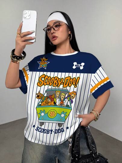 SCOOBY-DOO X SHEIN Áo thun tay ngắn cổ tròn dáng rộng, phối màu sọc và họa tiết hoạt hình, cỡ lớn, thích hợp mặc mùa hè.