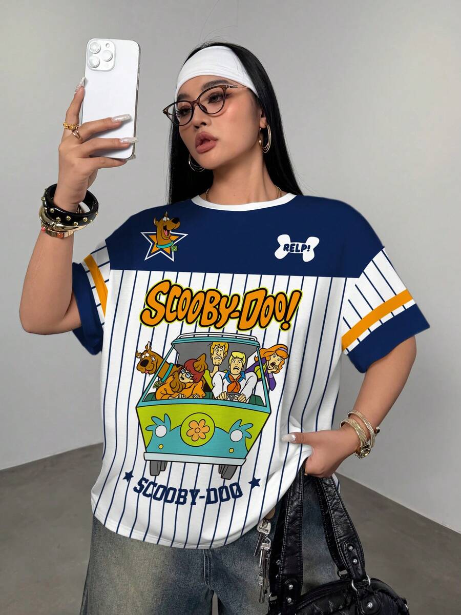 SCOOBY-DOO X SHEIN Plus Size Colorblock Striped & Cartoon Print Casual Round Neck Short Sleeve T-Shirt, Summer - White - View 1