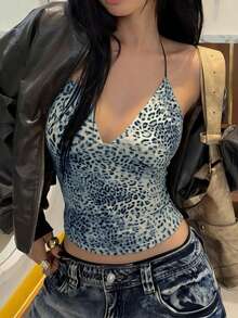 Rina Fox Women's Leopard Print Sexy Fashion Halter Neck Camisole Animal Print Top Leopard Print Tanktop Halter Tank Top Y2k Tops - Multicolor - View 1