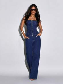 Avantive Women's Casual Versatile Zip-Up Denim Camisole Top For Daily Wear - Royal Blue - View 8
