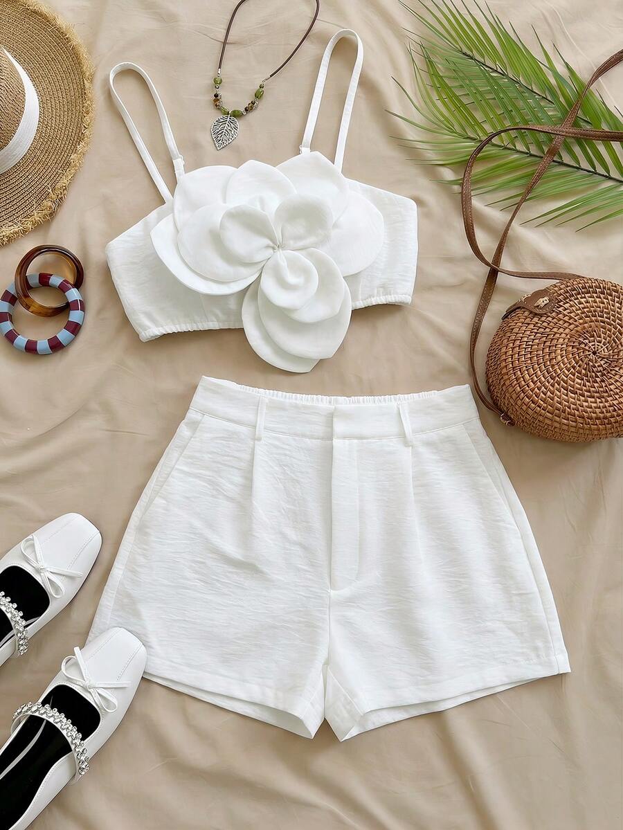Soleia Women's Brown 3D Floral Top And Casual Shorts 2 Pieces Set - White - View 1