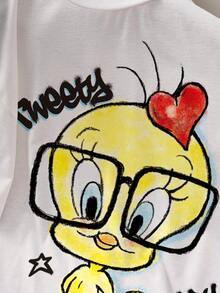 LOONEY TUNES X SHEIN 女士百搭圆领短袖T恤 - 白色 - 查看 6