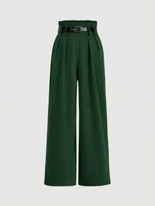 SHEIN MOD Women's Solid Color Lapel NeckDouble-Breasted Jacket And Wide-Leg Pants Elegant Suit Set - Dark Green - View 9