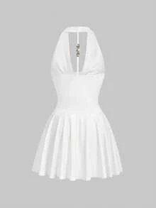ROMWE Avant Spring/Summer Neck Tie Floral Print A-Line Backless Mini Dress, Vacation Style - White - View 2